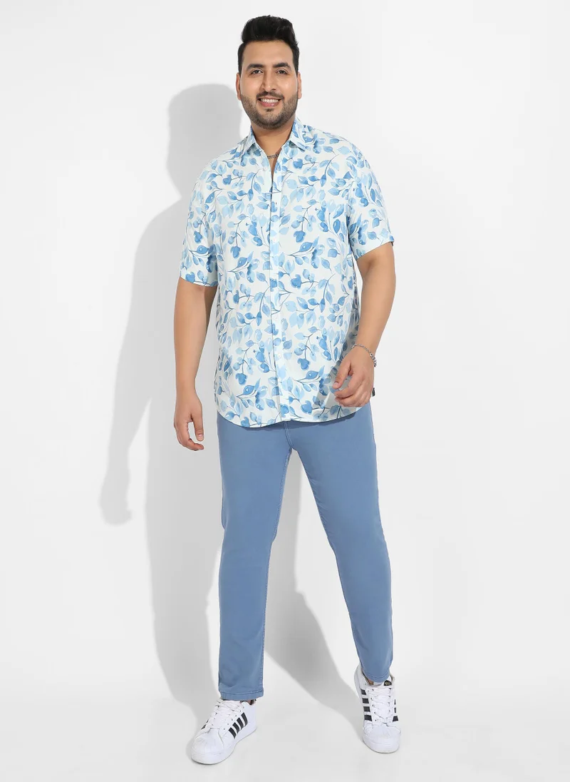 Instafab Plus Instafab Plus Men's White & Blue Artistic Foliage Print Shirt
