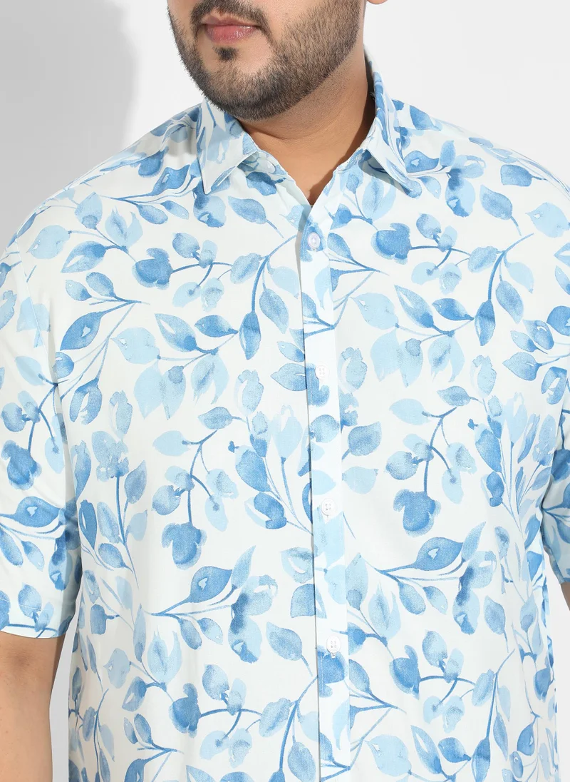 Instafab Plus Instafab Plus Men's White & Blue Artistic Foliage Print Shirt