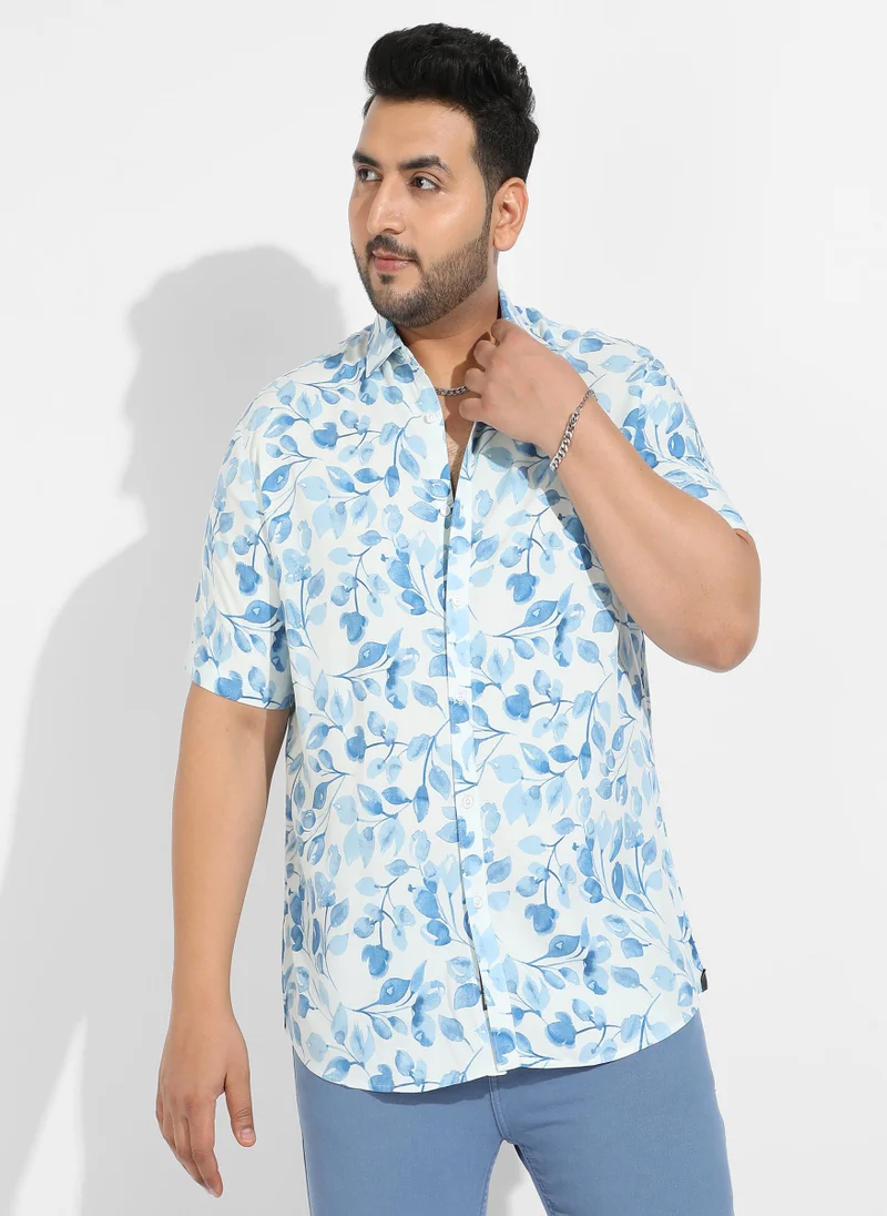 Instafab Plus Instafab Plus Men's White & Blue Artistic Foliage Print Shirt