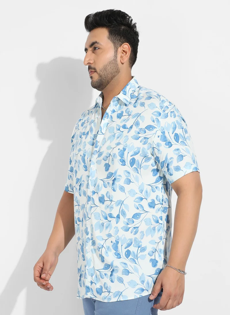 Instafab Plus Instafab Plus Men's White & Blue Artistic Foliage Print Shirt
