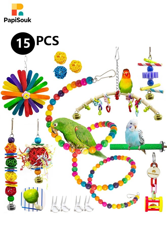 PapiSouk 15 Piece Bird Swing Chewing Toy Set for Cage, Budgie Cage Toys, Bird Cage Accessories, Hammock Swing Hanging Accessories for Cockatiels, Conures, Lovebirds, Hummingbird, Finches - Image 1