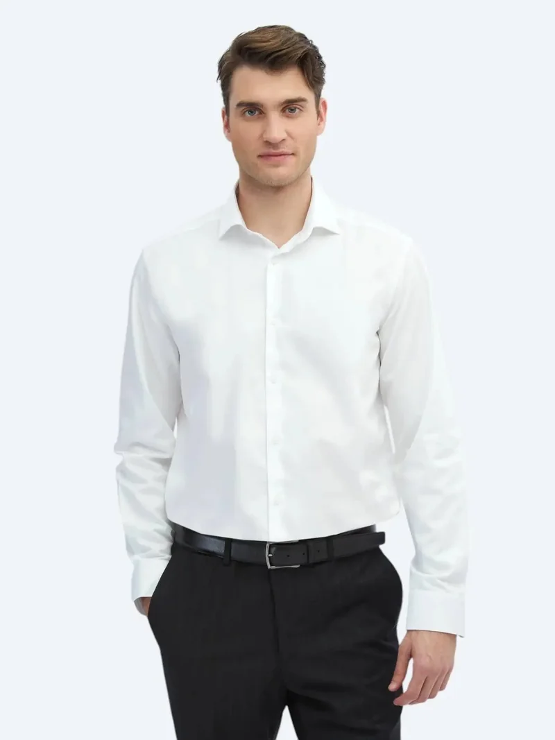 Kip White Plain Regular Fit Weaving Classical 100% Cotton Shirt