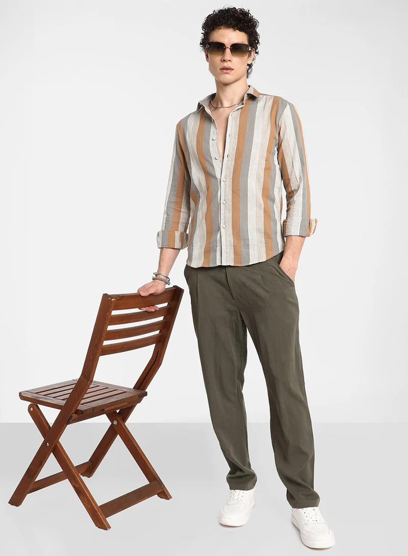 Campus Sutra Campus Sutra Men's Copper Brown & Peanut Brown Block-Striped Shirt For Casual Wear | Spread Collar | Long Sleeve | Button Closure | Shirt Crafted With Comfort Fit For Everyday Wear
