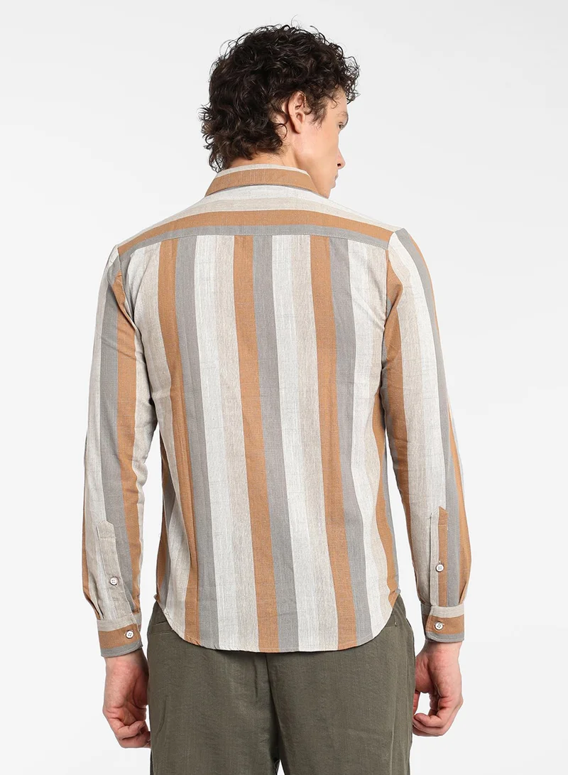 Campus Sutra Campus Sutra Men's Copper Brown & Peanut Brown Block-Striped Shirt For Casual Wear | Spread Collar | Long Sleeve | Button Closure | Shirt Crafted With Comfort Fit For Everyday Wear