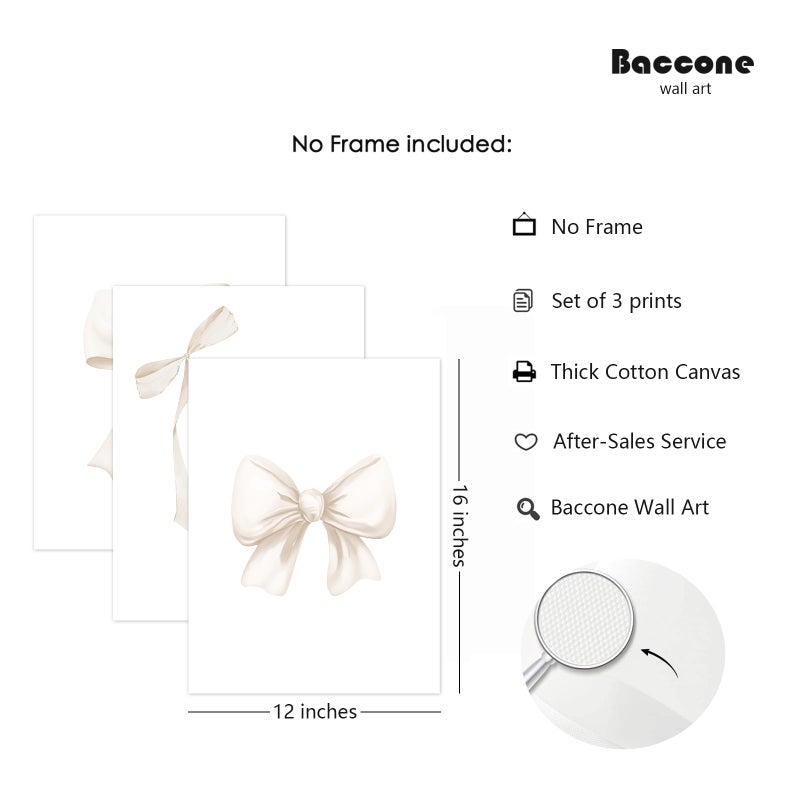 Baccone Preppy Bow Wall Art Decor Set of 3 Beige Coquette Wall Art Aesthetic Canvas Posters Trendy Girly Wall Decor Beige Bow Prints Preppy Pictures for Living Room College Apartment 12x16 Inch Unframed - Image 2