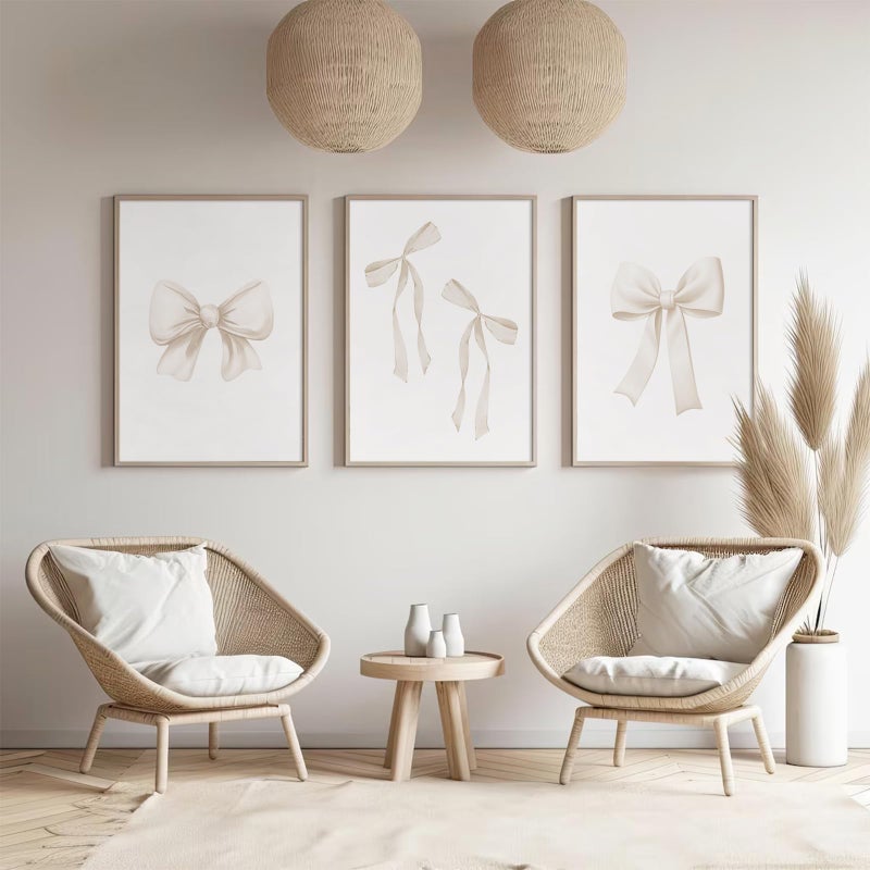 Baccone Preppy Bow Wall Art Decor Set of 3 Beige Coquette Wall Art Aesthetic Canvas Posters Trendy Girly Wall Decor Beige Bow Prints Preppy Pictures for Living Room College Apartment 12x16 Inch Unframed - Image 4