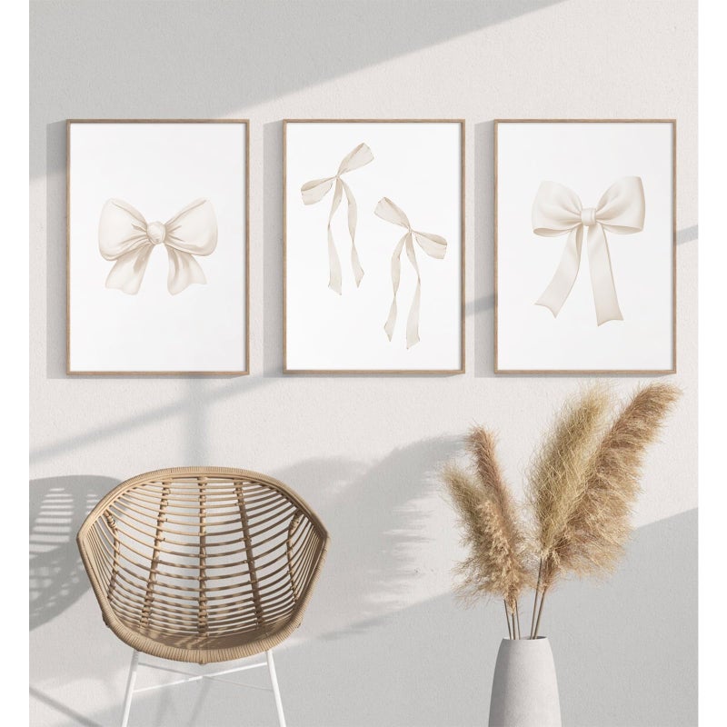 Baccone Preppy Bow Wall Art Decor Set of 3 Beige Coquette Wall Art Aesthetic Canvas Posters Trendy Girly Wall Decor Beige Bow Prints Preppy Pictures for Living Room College Apartment 12x16 Inch Unframed - Image 3
