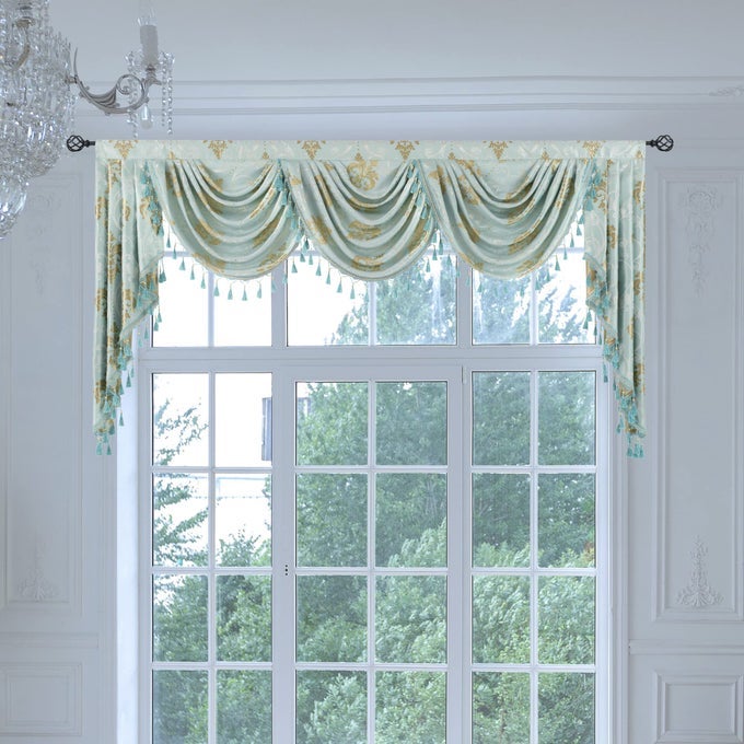 JACQUARD SWAG WATERFALL VALANCE FOR WINDOW TASSELS VALANCES FOR LIVING ROOM AQUA VALANCE WITH BEADS FOR BEDROOM ROD POCKET DAMASK VALANCE FOR CHILDRENS ROOM 1 PANEL AQUA W89 INCH