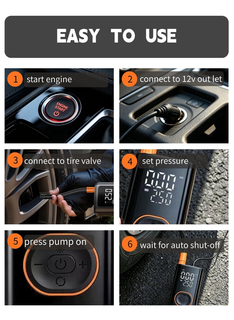 EAZZY Tyre Inflator Air Compressor 12V Portable Air pump Smart Preset with Auto Stop and LED Light Electric Tyre Inflator for Car Bicycle Motorcycle Ball Air Mattress - Image 5