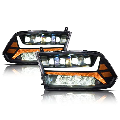Alpha Owls 7180093 QuadPro Series Full LED Projector Headlights With White LED Light Bar Sequential Signal Black Amber Fits 20092018 Dodge Ram 1500 2500 350020192023 Classic Halogen Models