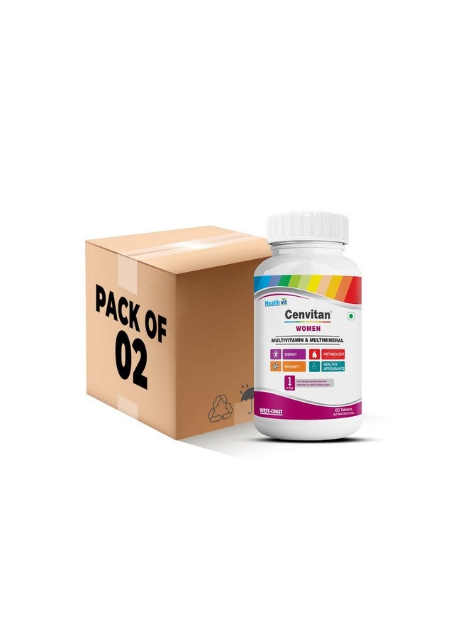 HealthVit Healthvit Cenvitan Multivitamin for Women - 60 Tablets with 24 Nutrients | Women Daily Nutrition, Stamina Enhancement, Hair, Skin, and Nails | Bone Health, Vitality, Energy Boost, Immunity (Pack of 2)  - Image 1