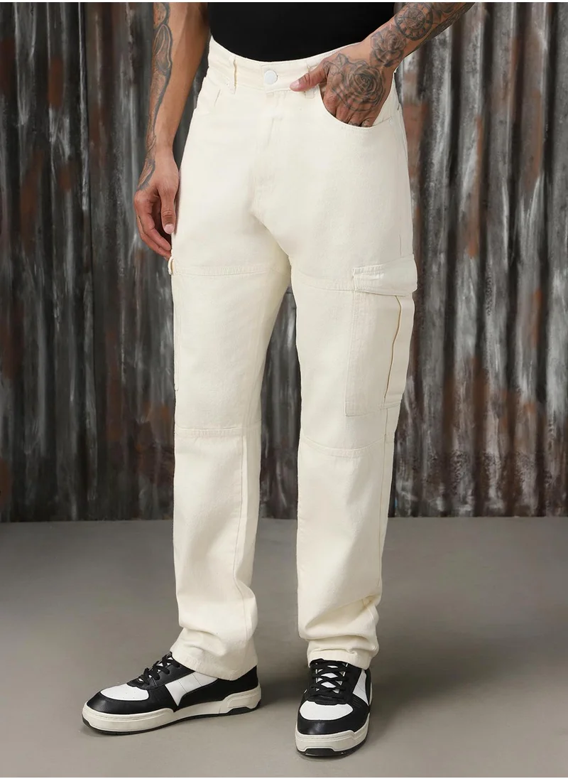 هاي ستار Men's Ecru 100% Cotton Distressed Full Length Straight Fit Jeans