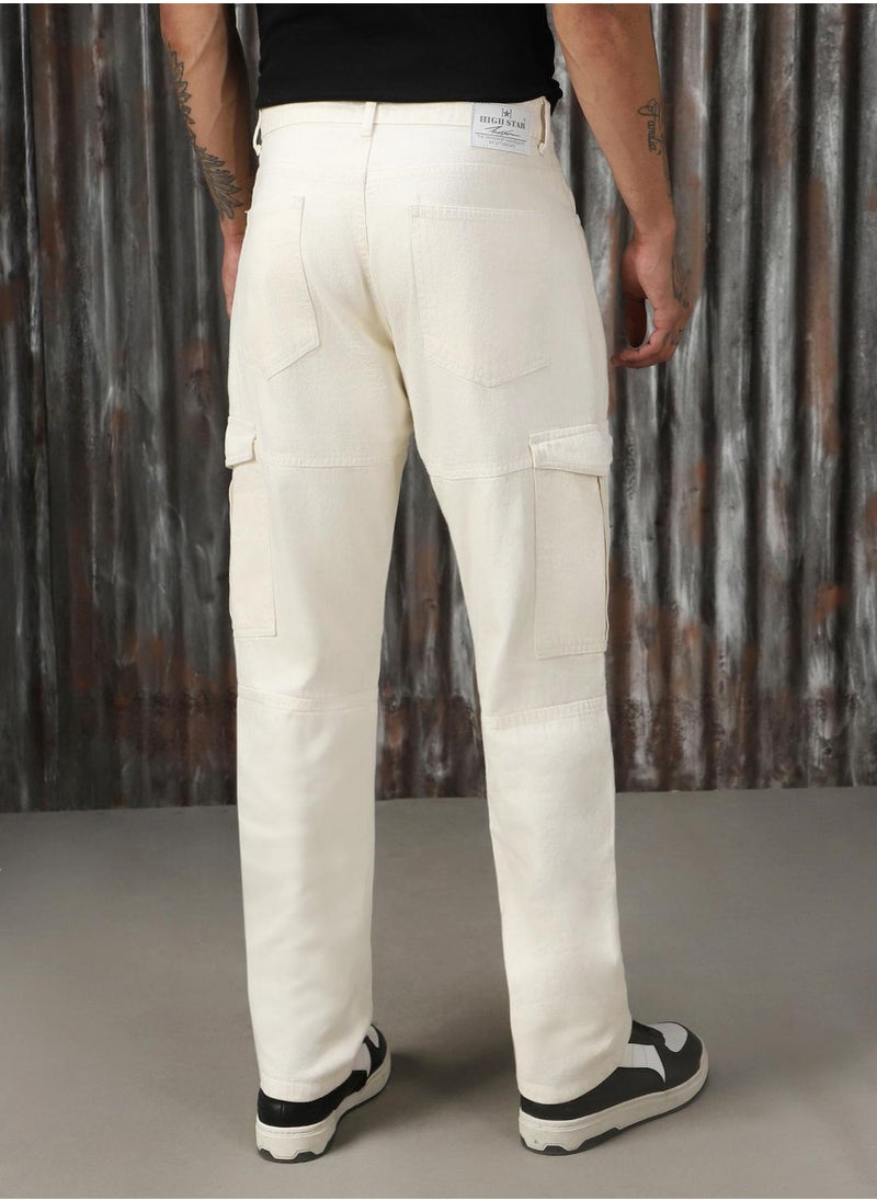 HIGH STAR Men's Ecru 100% Cotton Distressed Full Length Straight Fit Jeans  - Image 3