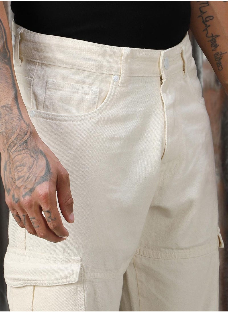 HIGH STAR Men's Ecru 100% Cotton Distressed Full Length Straight Fit Jeans  - Image 4