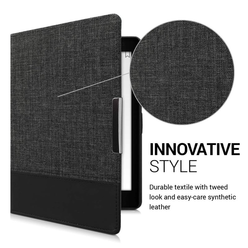 kwmobile Case Compatible with Kobo Aura ONE - PU Leather and Canvas e-Reader Cover - Anthracite/Black - Image 2