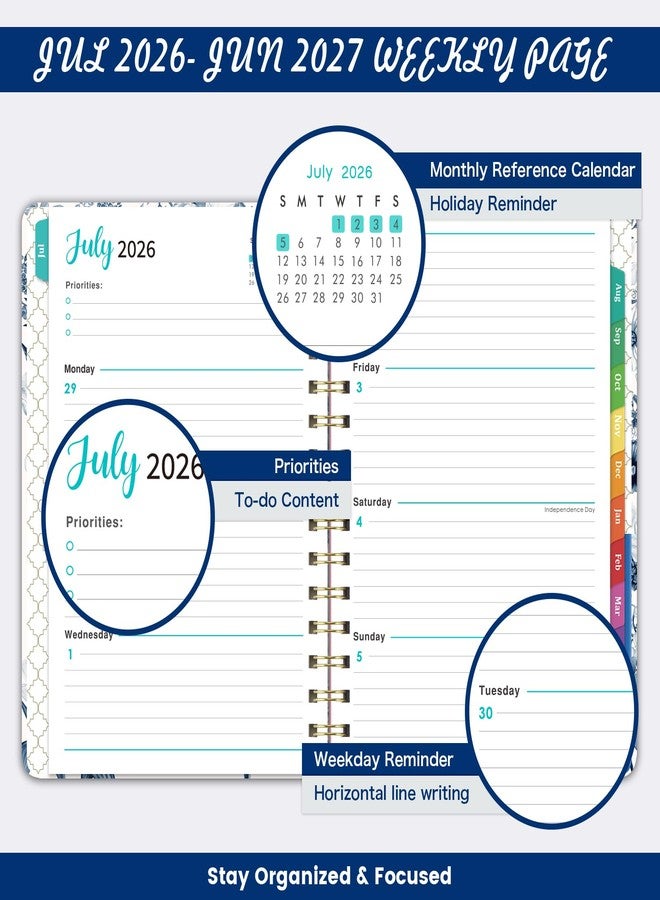 مايبوك مخطط 2026-2027 - 6.4 بوصة × 8.5 بوصة، يوليو 2026 - يونيو 2027، مخطط أكاديمي أسبوعي وشهري 2026-2027، غلاف حلزوني، غلاف متين، علامة تبويب شهرية، جيب داخلي، إغلاق مطاطي - Image 4