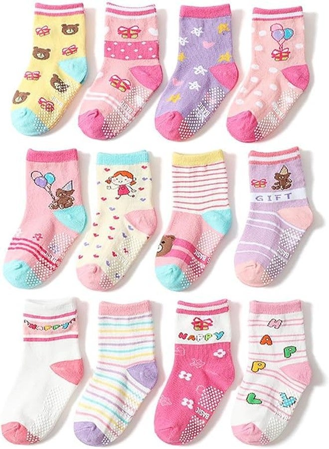 CUTEABLY جوارب أطفال لطيفة للأولاد والبنات، جوارب للكاحل مانعة للانزلاق للأطفال الصغار، عبوة متنوعة من 6 جوارب (بنات، 6-12 شهرًا) - Image 1