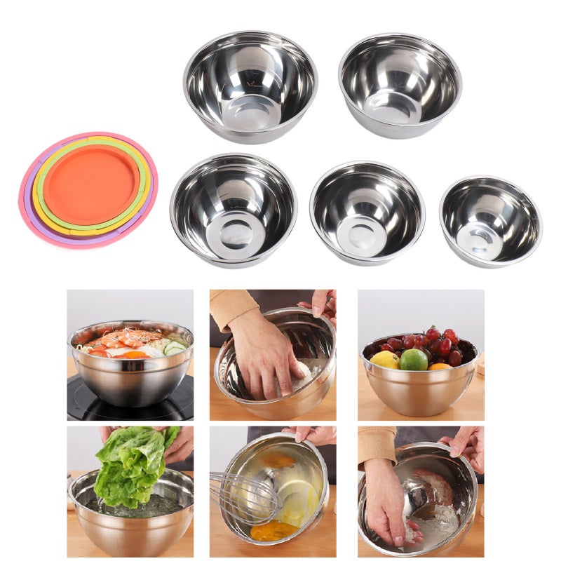 Stainless Steel Mixing Bowls: 5 Nesting Bowls With Secure Lids - Space Saving Stackable Design For Kitchen Baking, Cooking, Prepping And Serving - Image 1
