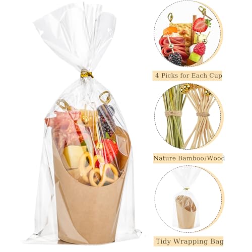 Ocmoiy Charcuterie Cups with Sticks and Bags, Brown Disposable 14 oz Kraft Paper Appetizer Cups, Individual Party Serving Snack Cups (50 Cups, 200 Picks, 50 bags) - Image 5