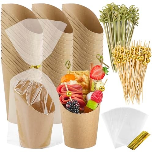Ocmoiy Charcuterie Cups with Sticks and Bags, Brown Disposable 14 oz Kraft Paper Appetizer Cups, Individual Party Serving Snack Cups (50 Cups, 200 Picks, 50 bags) - Image 1
