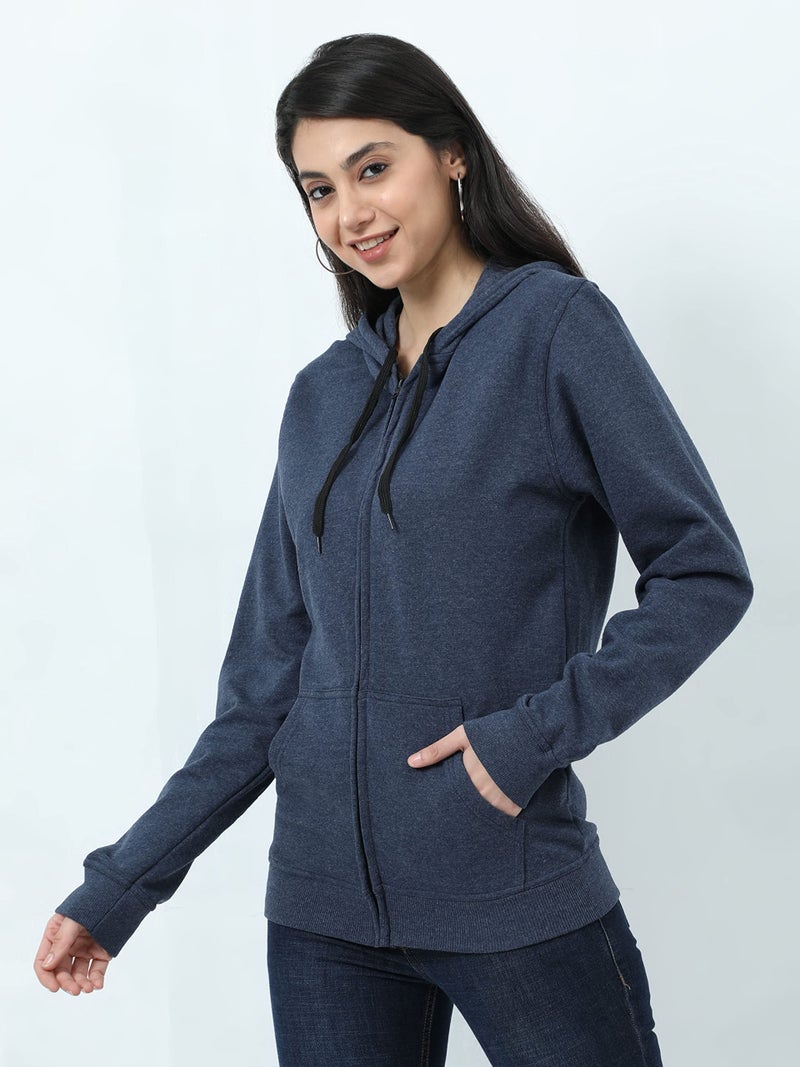 Wafaa Women's Cotton Plain Hooded Neck Full Zipper Navy Melange Color Regular Fit Sweatshirt Hoodies with Kangaroo Pocket 4XL Size - Image 3