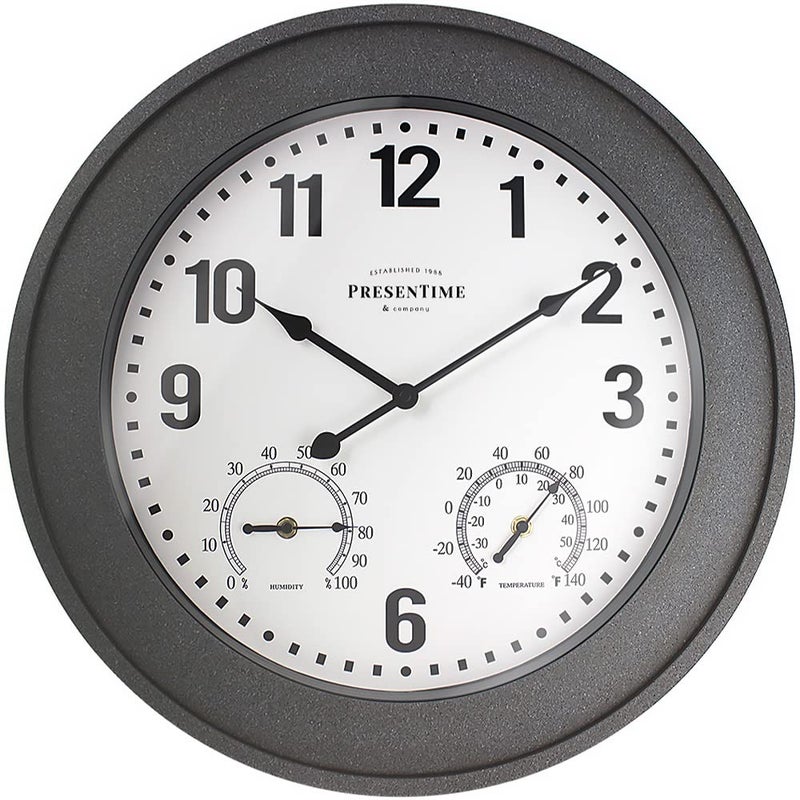 Presentime Presentime  Co 20 Bradford inOutdoor Farmhouse Clock with Weather Thermometer  Hygrometer Weather Station Farmhouse Wall Art and Timepiece for Farmhouse Decoration Faux Gray Stone Finish 