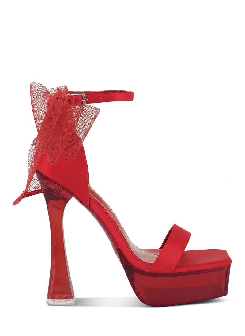 London Rag Kiri Satin Clear High Heeled Bow Sandals in Red