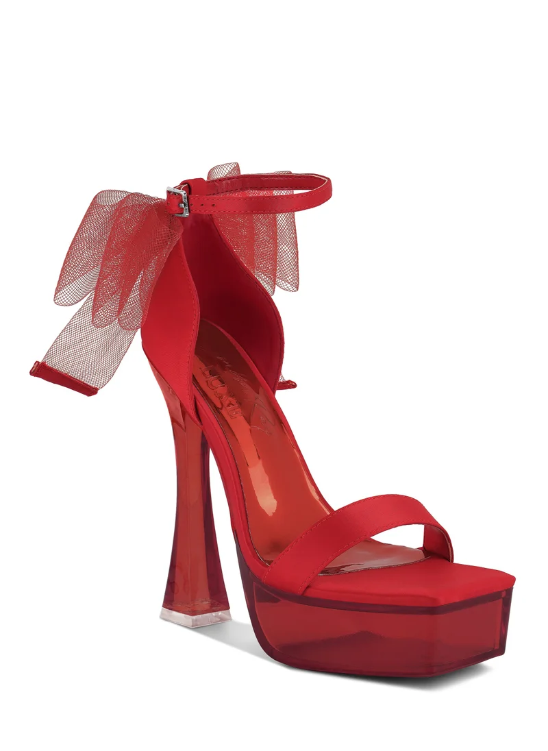 London Rag Kiri Satin Clear High Heeled Bow Sandals in Red