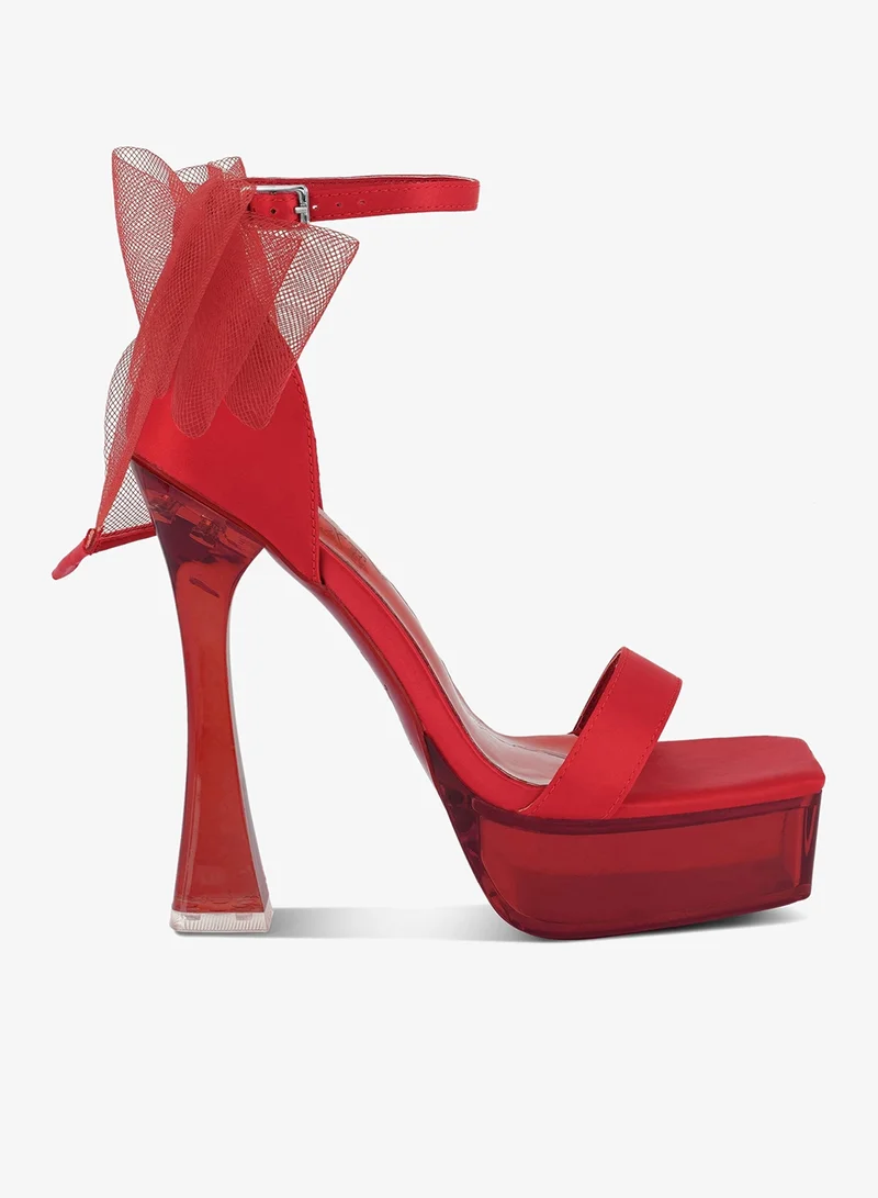 Kiri Satin Clear High Heeled Bow Sandals in Red