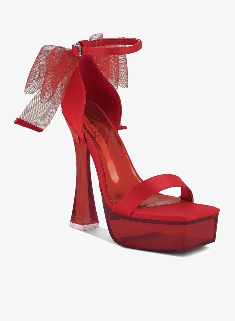 London Rag Kiri Satin Clear High Heeled Bow Sandals in Red