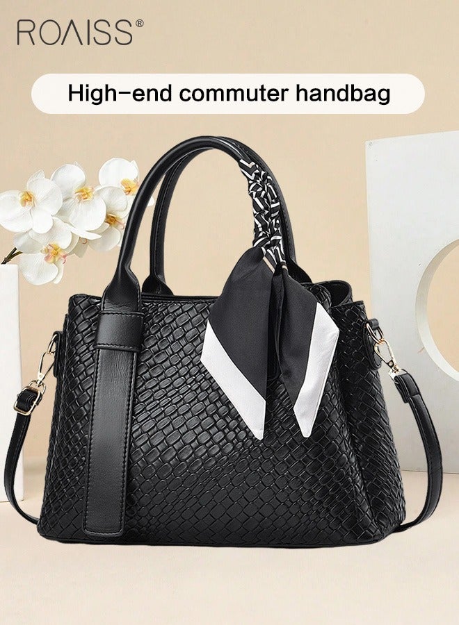 roaiss Pu Leather Large Capacity Tote Bag Women'S Business Fashion Crossbody Bag Silk Scarf Decorated Adjustable Shoulder Strap Handbag  - Image 1