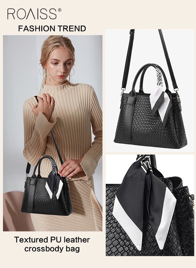 roaiss Pu Leather Large Capacity Tote Bag Women'S Business Fashion Crossbody Bag Silk Scarf Decorated Adjustable Shoulder Strap Handbag  - Image 2