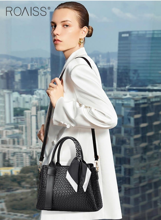 roaiss Pu Leather Large Capacity Tote Bag Women'S Business Fashion Crossbody Bag Silk Scarf Decorated Adjustable Shoulder Strap Handbag  - Image 4