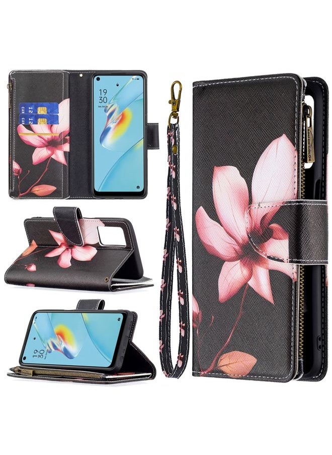 HuHa - Case Cover For OPPO A54 4G/A55 5G Colored Drawing Pattern Zipper Horizontal Flip Leather Case with Holder & Card Slots & Wallet Lotus - Image 1