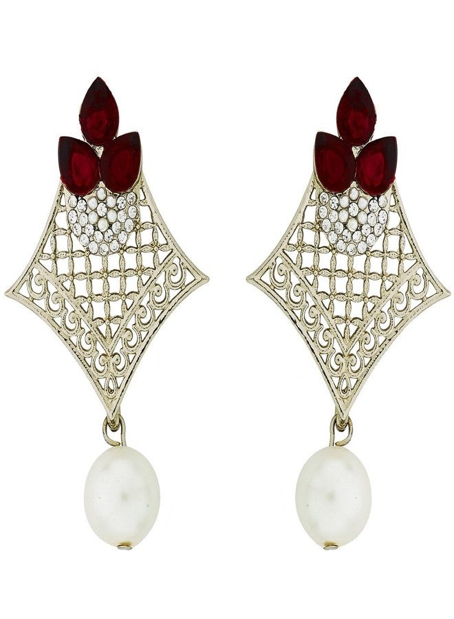 Zivom® Pear Flower Filigree Antique Rhodium Pearl Red Earring For Women - Image 1