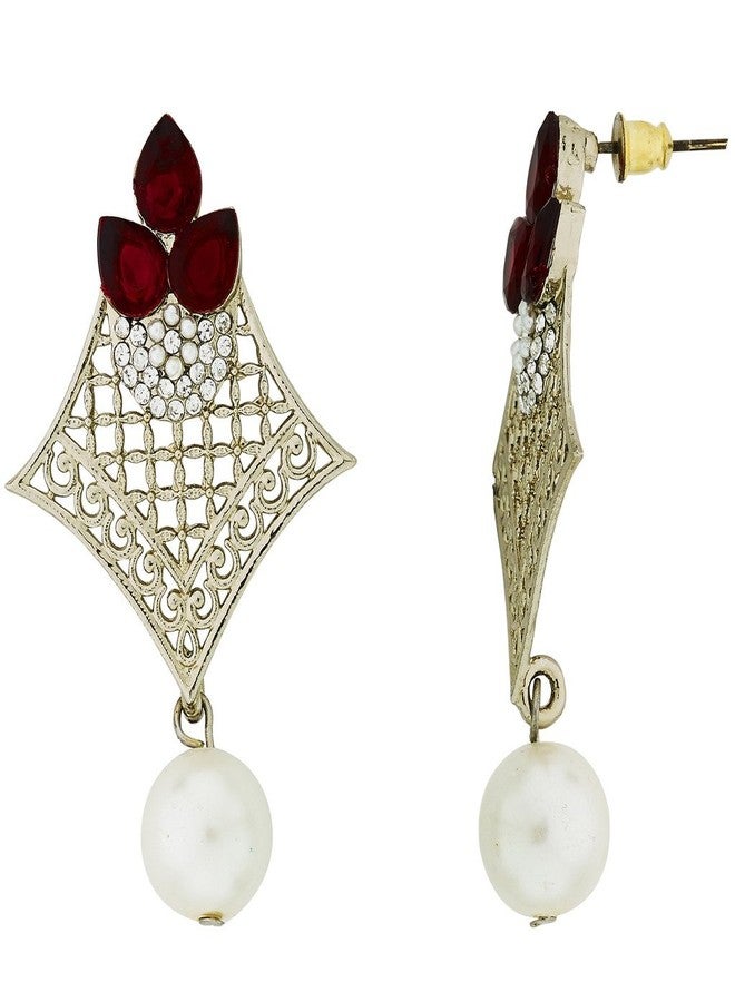 Zivom® Pear Flower Filigree Antique Rhodium Pearl Red Earring For Women - Image 2