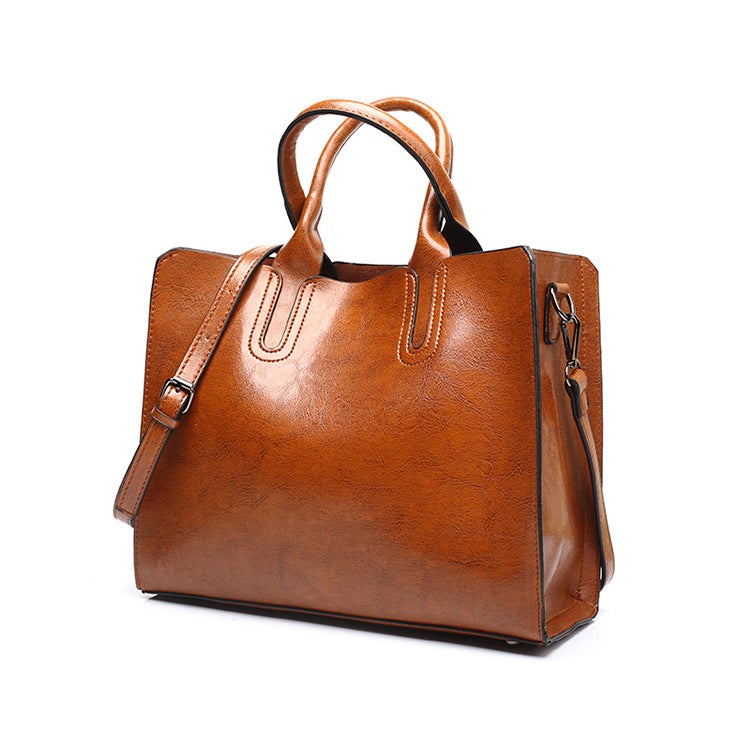 Dropshipping Women''s Bag 2025 New Retro Oil Wax Leather Fashion Tote Bag Simple Satchel Shoulder Crossbody Women''s Bag - Image 3