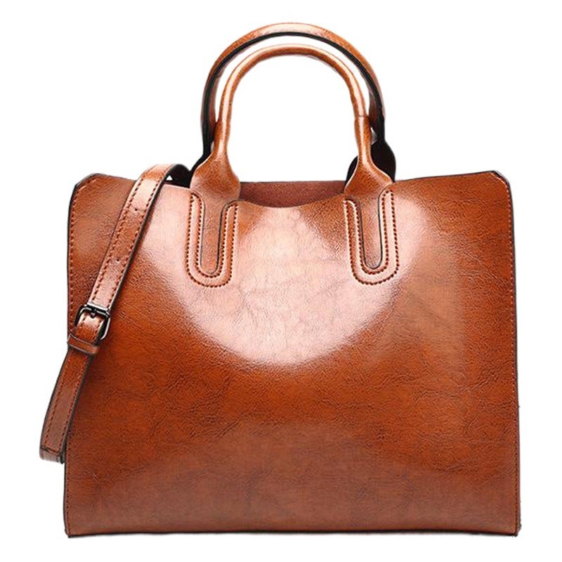 Dropshipping Women''s Bag 2025 New Retro Oil Wax Leather Fashion Tote Bag Simple Satchel Shoulder Crossbody Women''s Bag - Image 2