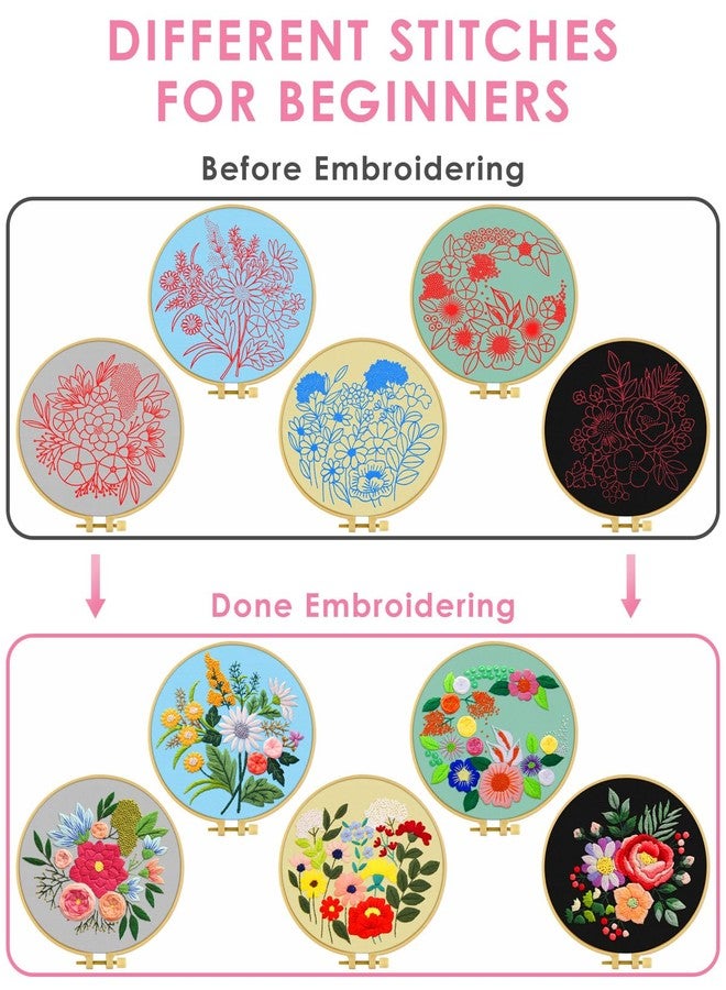 TINDTOP 5 Sets Embroidery Kit for Adults, Floral Embroidery Practice Kit for Beginners Include Embroidery Cloth Hoops Threads for Craft Lover Hand Stitch - Image 3