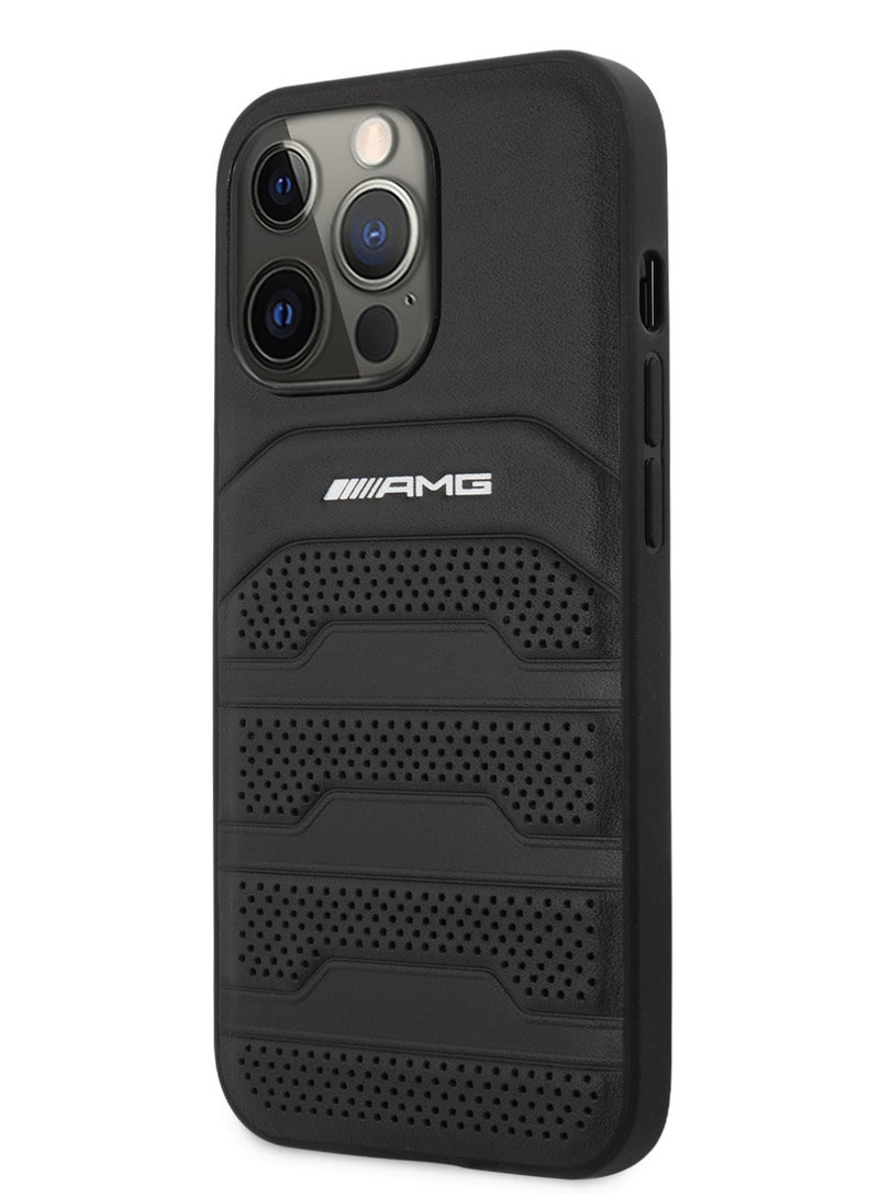 AMG Genuine Leather Case With Perforated Black Leather Debossed Lines Hot Stamped White Logo for iPhone 14 Pro - Black - Image 1