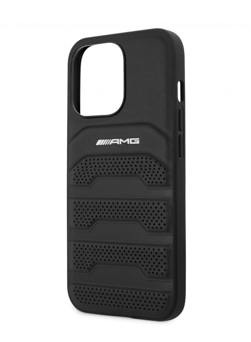 AMG Genuine Leather Case With Perforated Black Leather Debossed Lines Hot Stamped White Logo for iPhone 14 Pro - Black - Image 2
