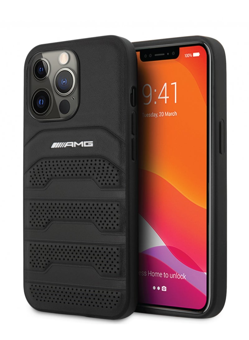 AMG Genuine Leather Case With Perforated Black Leather Debossed Lines Hot Stamped White Logo for iPhone 14 Pro - Black - Image 5