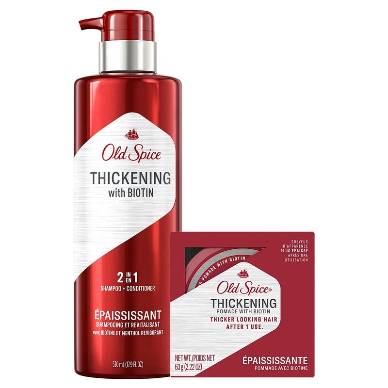 Old Spice Mens Thickening 2in1 Shampoo and Conditioner with Biotin and Menthol 179 Fl Oz Thickening Styling Pomade Infused with Biotin Bundle 222 Oz