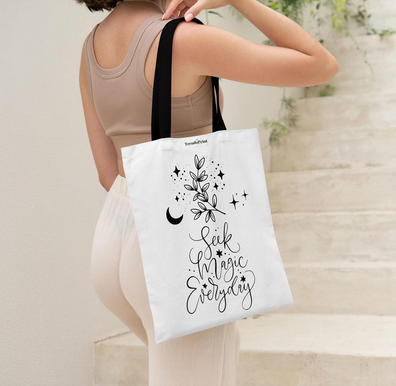 TrendoPrint Canvas White Tote Bags for Women with Zip 15Kgs Capacity, College Bag for Girls, 100% Organic Cotton Tote Bag for Shopping, Travel &Beach - Image 2