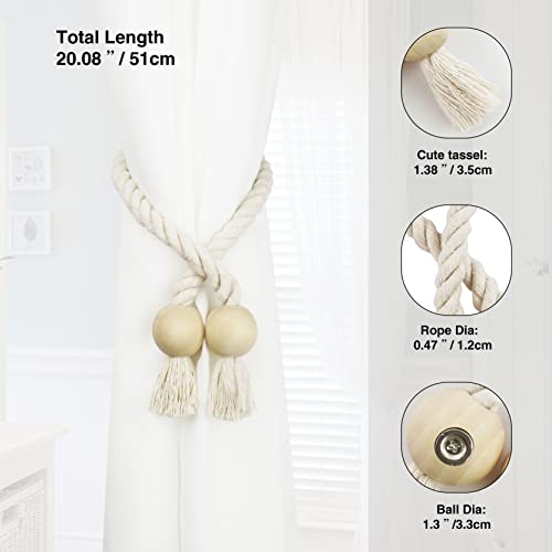 Nieffeiy 2 Pack Magnetic Curtain Tiebacks Cotton Hand Woven Tie Back Decorative Rope Holdbacks for Curtains Draperies No Tools Required, Beige - Image 3