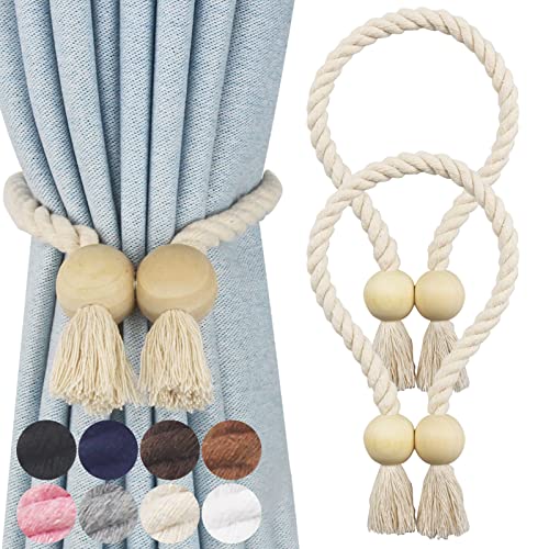 Nieffeiy 2 Pack Magnetic Curtain Tiebacks Cotton Hand Woven Tie Back Decorative Rope Holdbacks for Curtains Draperies No Tools Required, Beige - Image 1
