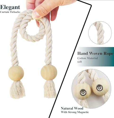 Nieffeiy 2 Pack Magnetic Curtain Tiebacks Cotton Hand Woven Tie Back Decorative Rope Holdbacks for Curtains Draperies No Tools Required, Beige - Image 2
