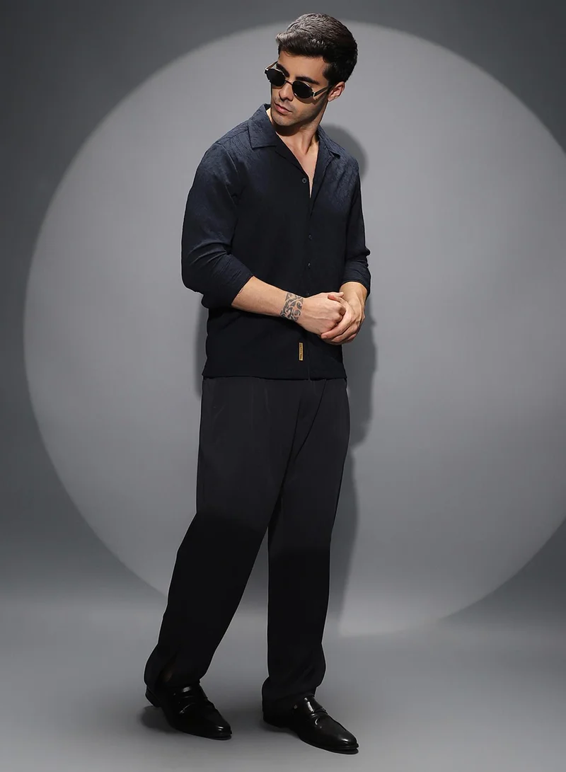 Campus Sutra Campus Sutra Men's Midnight Black Textured-Cuban Shirt For Casual Wear | Cuban Collar | Long Cuffed Sleeves | Button Closure | Shirt Shirt Crafted With Comfort Fit For Everyday Wear