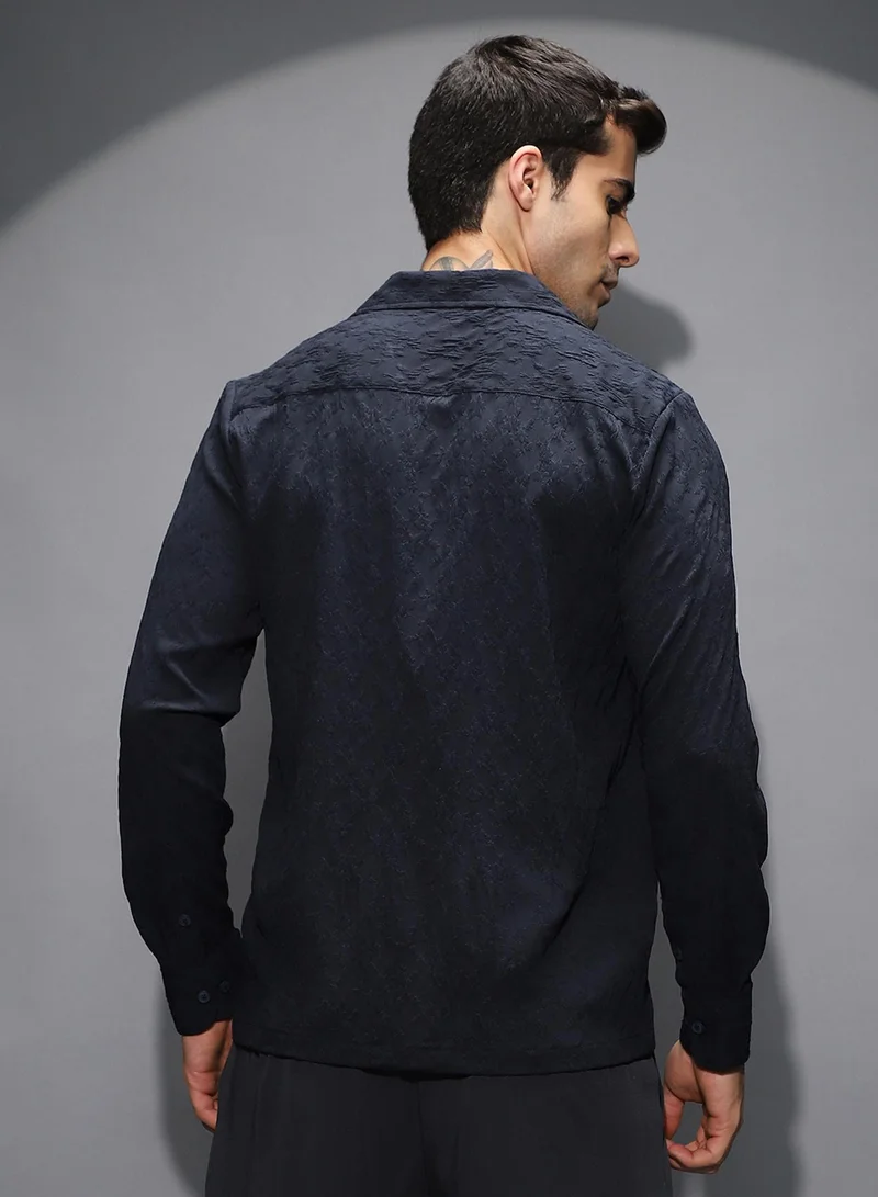 Campus Sutra Campus Sutra Men's Midnight Black Textured-Cuban Shirt For Casual Wear | Cuban Collar | Long Cuffed Sleeves | Button Closure | Shirt Shirt Crafted With Comfort Fit For Everyday Wear