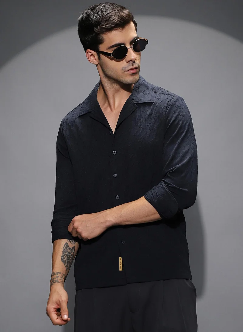 Campus Sutra Campus Sutra Men's Midnight Black Textured-Cuban Shirt For Casual Wear | Cuban Collar | Long Cuffed Sleeves | Button Closure | Shirt Shirt Crafted With Comfort Fit For Everyday Wear